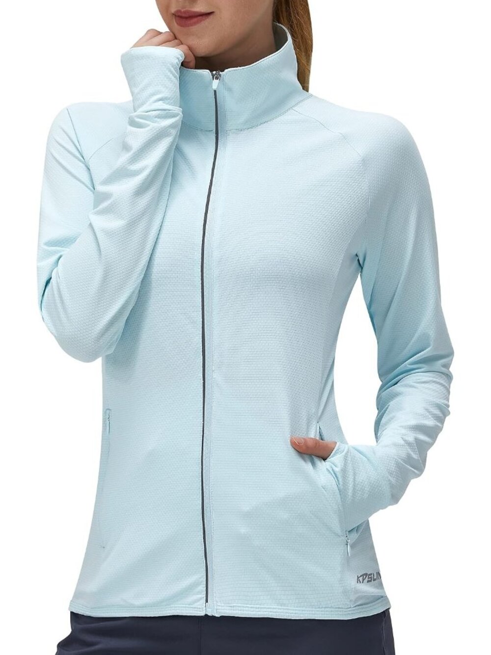 Women's Blue Long Sleeve Full ZIP High Neck Plain Hem Lightweight Sport Jacket